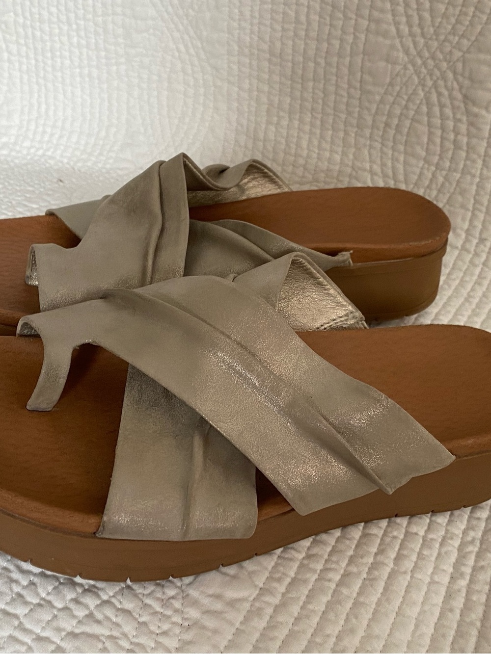 BareTraps Metallic Taupe Crossover Slide Sandals